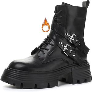 Женские кожаные ботинки на платформе с толстым каблуком, байкерского стиля, с модной пряжкой, боковой молнией, массивной подошвой, комфортные, с круглым носком, панк-стиля, для мотоцикла BOTRENT, Black-Velvet