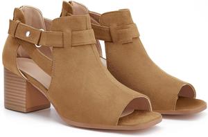 LAICIGO Womens Peep Toe Heels Chunky Heel Booties Open Toe Booty Cutout Dress Shoes with Back Zipper, Light Brown