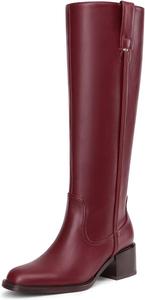 Женские сапоги до колена с массивным каблуком, круглым носком, кожаные лакированные сапоги с низким квадратным каблуком и боковой молнией ITOZER, Burgundy