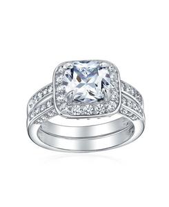 Кольцо-обручальное кольцо из стерлингового серебра с фианитами огранки подушка весом 2 карата и двойным паве с трех сторон Bling Jewelry, Colorless