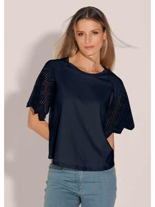 MADELEINE Короткая блузка-рубашка из комбинированной ткани темно-синего цвета