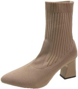 Женские носочные ботинки Носочные ботильоны с заостренным носком для женщин Ботильоны на толстом каблуке Съемные ботинки Челси из трикотажа Generic, Beige