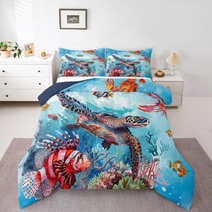 Erosebridal Комплект постельного белья Marine Life с морскими животными и кораллами, пуховое одеяло, Blue Red Orange