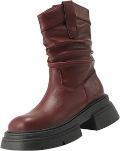 Модные женские ботинки с толстой подошвой и массивным каблуком, дышащие, с круглым носком, дождевые ботинки на широкую икру Generic, Red