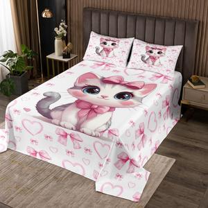 Erosebridal Комплект постельного белья с милыми котиками и бантиками в розовом цвете, Rose Pink Gray