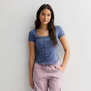 Топ с коротким рукавом и пуговицами в стиле pointelle для подростков So, Navy Floral