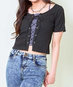 Женский топ с короткими рукавами, шнуровкой, лентой спереди, укороченный GORGE, черный