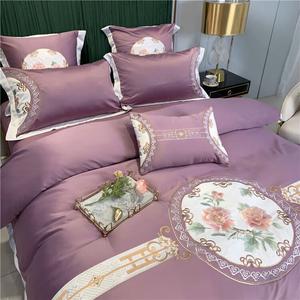 LUOLAI HOME Комплект постельного белья 4 предмета, простыня на резинке 200x200 см, пододеяльник 220x240 см, цвет китайский узел фиолетовый