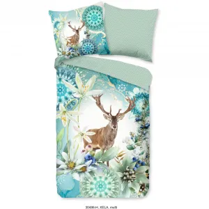 Набедренное двустороннее постельное белье «Xela», Мако сатин, 135х200, молния, двусторонний вид, зима, олень, зеленый Hip