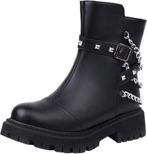 Женские модные ботильоны LYYSKY с 4-см устойчивым каблуком, платформой, боковой молнией, металлической цепочкой, заклепками и декором пряжкой, теплые, Black