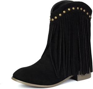 Женские ковбойские ботинки Joojaky с бахромой, низким каблуком и заклепками, Black