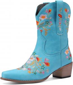 Женские ковбойские сапоги в западном стиле с вышивкой цветов, сапоги средней длины, зауженный носок, низкий широкий каблук Kldyj, Blue