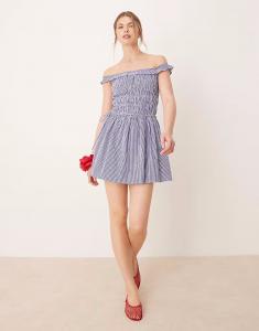 Гламурное мини-платье с открытыми плечами и сборками в синюю клетку Glamorous