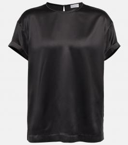 Украшенная футболка из шелкового атласа Brunello Cucinelli, черный