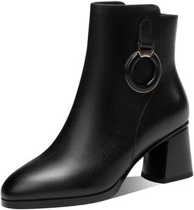 Женские ботильоны TinaCus с круглым носком из натуральной кожи с ручной отделкой, украшением в виде кольца, стильным массивным каблуком и застежкой-молнией на щиколотке, Black