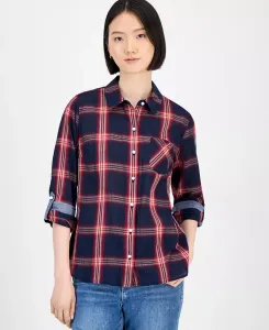 Женская клетчатая рубашка с жатым узором и пуговицами спереди Tommy Hilfiger, синий