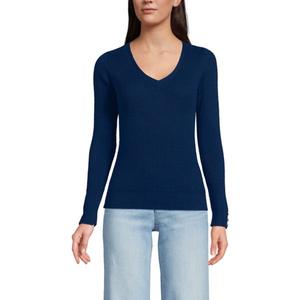 Женский свитер с V-образным вырезом и тонкой вязкой Lands' End, синий