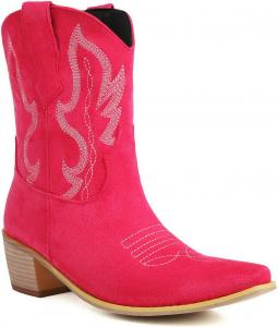 Женские ковбойские сапоги в западном стиле с вышивкой, средние по голени, замшевые, с острым носком и массивным каблуком, ботильоны Shinelly, Hot Pink