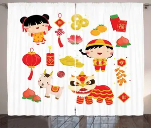 Шторы ABAKUHAUS в деревенском стиле с китайским Новым годом, Радостный праздник, универсальные, с петлями и крючками для гостиной, 280 x 175 см, разноцветные