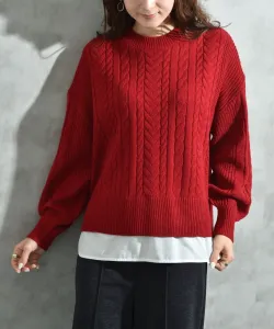 Пуловер с круглым вырезом и узором «косичка», с низом из комбинированных материалов Interplanet, цвет Red