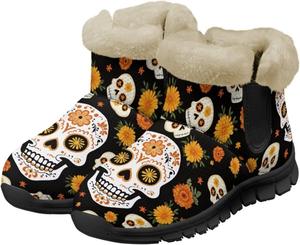 Зимние ботинки для женщин и мужчин, снежные ботинки, пушистые зимние туфли, слипоны, укороченные ботинки для прогулок на улице Noprintge, Boho Skull Floral