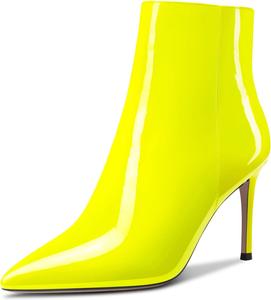 Женские ботильоны Aachcol, короткие сапожки, зауженный носок, на высоком каблуке-кубике 3,5 дюйма, на молнии, с лаковой отделкой, Fluorescent Yellow