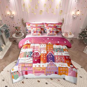 Erosebridal Комплект постельного белья Christmas House с рождественскими узорами из снежинок и ёлок, Pink Red Purple