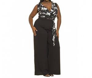 Приталенный комбинезон с принтом и цельнокроеными брюками без рукавов в черном цвете THE SANG