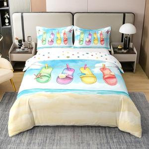 Erosebridal Комплект постельного белья Summer Beach с цветными шлепанцами из 100% хлопка, водная тематика с морскими волнами, Blue Pink Yellow