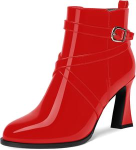 Женские повседневные ботильоны NUMALEO с перекрестным ремешком, теплой пряжкой, лакированные, с округлым носком, на открытом воздухе, с блочным высоким каблуком 3,3 дюйма, Red