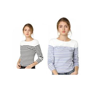 Набор из 2 женских повседневных футболок в полоску с длинными рукавами и цветными блоками ALLEGRA K, цвет Black White Light Blue