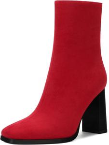 Женские ботильоны, короткие сапоги на высоком квадратном каблуке для женщин, модные сапоги средней высоты с боковой молнией и массивным каблуком 3,5 дюйма MISEZOXI, Red Suede