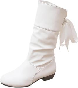 Женские модные сапоги средней длины с толстыми каблуками, круглым носком, шнуровкой, большого размера, подходят для повседневной носки HoaloX, White