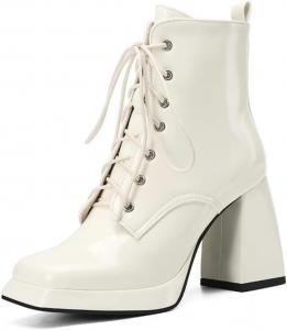 Generic Женские ботильоны с квадратным носком, черные, на широком каблуке, шнуровка, из лакированной кожи, средние по голенище, зимние, для вечеринок, свободная посадка, короткие прогулочные ботинки