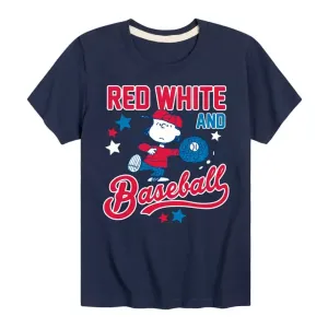 Футболка для мальчиков 8-20 лет с принтом Люси из "Арахиса" в красно-белой бейсбольной тематике Licensed Character, синий