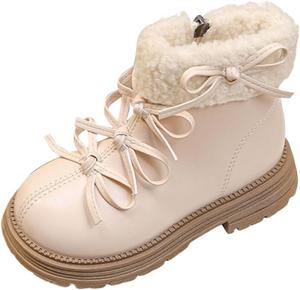 Детские кожаные ботинки для девочек 3,5-10Т, зимние, с теплым флисовым и шерпа подкладкой, молния сбоку, с нескользящей подошвой, с круглым носком и бантиком Generic, White