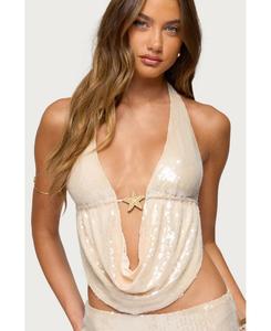 Женский топ Roxey с пайетками, открытой спиной и воротником-хомутом Edikted, Cream