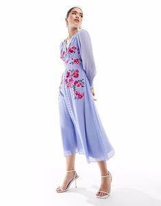 Платье миди Hope & Ivy с вышивкой, длинными рукавами и пуговицами спереди, сиреневого цвета