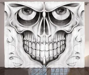 Штора для вечеринки в деревенском стиле ABAKUHAUS, с изображением сердитого черепа, для спальни, со сборками, петлями и крючками, 280 x 225 см, светло-серый, белый и черный Abakuhaus