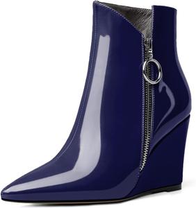 Женские ботильоны Eldof на танкетке с острым носком и молнией, короткие ботинки на каблуке 3,5 дюйма для ходьбы, Patent Navy
