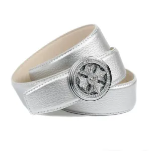 Ремень Anthoni Crown кожаный, с ювелирной застежкой и вращающимся механизмом, стразы, серебристый