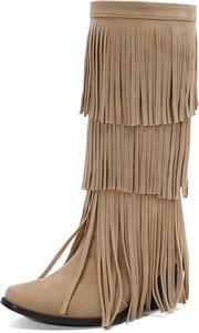 IYZXZYI Женские розовые замшевые сапоги Fringe, высокие сапоги вестерн с кисточками, заостренный носок, модные слипоны