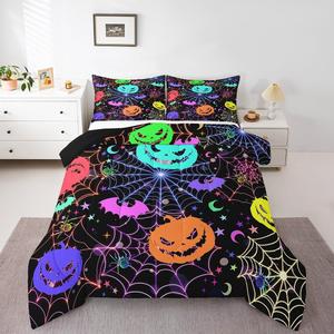 Erosebridal Комплект постельного белья Happy Halloween с паутиной, неоновыми тыквами, летучими мышами и пауками в готическом омбре, Teal Black