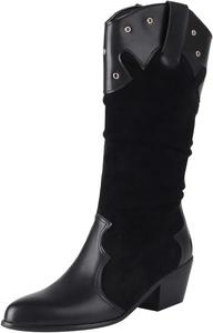 Женские джинсовые ковбойские ботинки с пэчворком, до колена, вестерн средней высоты, с заостренным носком, без шнуровки Generic, Black