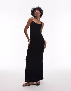 Платье макси Topshop с завязками спереди и жатым узором черного цвета