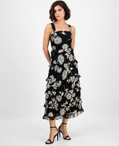 Женское миди-платье с квадратным вырезом и ярусным декором из фольги Anne Klein, Gold/Anne Black