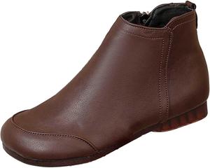 Женские ботильоны из кожи с круглым носком, повседневные, с боковой молнией, на плоской подошве, классические уличные удобные ботинки на липучке Generic, Brown