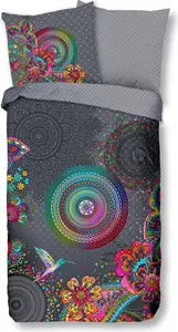 Постельное белье Hip Renforcé - Inaya - Разноцветные мандалы с птицами и цветами, серый, 155 x 220 см. Разноцветные мандалы на сером фоне. HIP