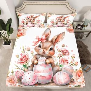 Erosebridal Комплект постельного белья Happy Easter с кроликами и розовыми розами в деревенском стиле, Pinke Grey White
