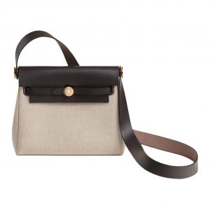 HERMES Холщовая кожаная сумка кроссбоди через плечо миниатюрная женская в светло-бежевом бежевом и эбеновом цветах